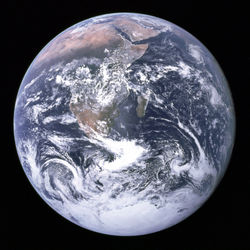 Africa in the Blue marble picture, with Antarctica to the south, and the Sahara and Arabian peninsula at the top of the globe.