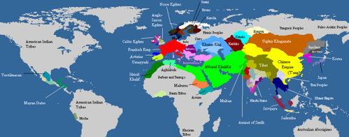 Map of the world civilizations, c. 820 (Old World ignorant of the New World's existence, and vice versa)