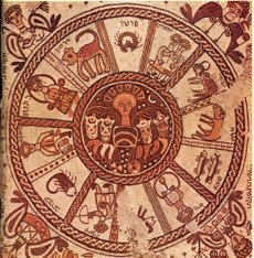 Mosaic pavement of a Zodiac in a 6th century synagogue at Beit Alpha, Israel