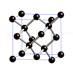 Diamond, Cubic-F lattice, with a motif of C (0,0,0) and C (1/4,1/4,1/4).