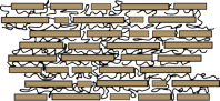 A schematic of the microscopic structure of nacre, showing how the layers of aragonite platelets are separated by protein.