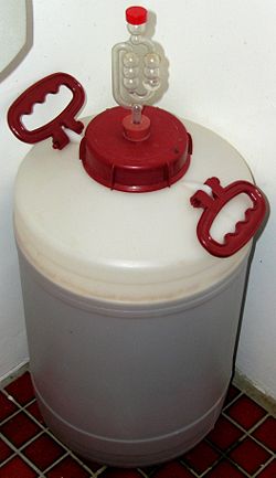 Homebrewing fermentation vessel with fermentation lock.