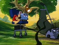 The five main characters, from left to right: Radio, Blanky, Toaster, Lampy, and Kirby.
