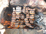 Grilling chicken in a hinged gridiron