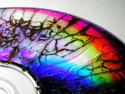 3. A microwaved DVD-R showing the effects of electrical discharge through its metal film