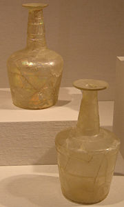 Free-blown, wheel-cut carafes. First half of 11th century. Excavated at Teppe Madraseh, Neishapur, Iran. New York Metropolitan Museum of Art.