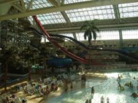 Nessie's Revenge (purple) and Sky Screamer (red) at World Waterpark. Also visible is Tropical Typhoon (the blue slide).