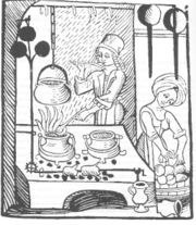 The roasting spit in this European medieval kitchen was driven automatically by a propeller—the black cloverleaf-like structure in the upper left.