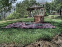 A typical picnic setup with picnic basket.