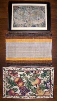 Three household placemats made with, from the top: cork, wool and fiber.