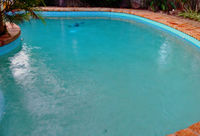 Below ground, outdoor, irregularly shaped salt water pool. Automated pool cleaner visible at far end.