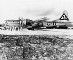 Silverplate B-29 Straight Flush. Note lack of gun turrets and tail code of 444th BG painted on for security reasons.