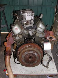 Rear side of a Ford V6 engine, looking at the clutch housing on the flywheel