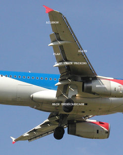  BMI Airbus A320, showing position of aileron, flap and slat flight controls. Click on the picture to read the labels more clearly
