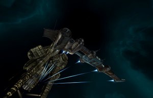 EVE Online features a very large selection of ships spread out over four different visual styles. This image shows a Gallente-constructed "Catalyst"-class Destroyer leaving an Amarr space station.